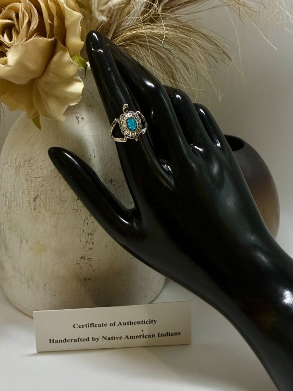 Genuine Certified Navajo Kingman Turquoise Turtle Ring 925 Sterling Silver 7
